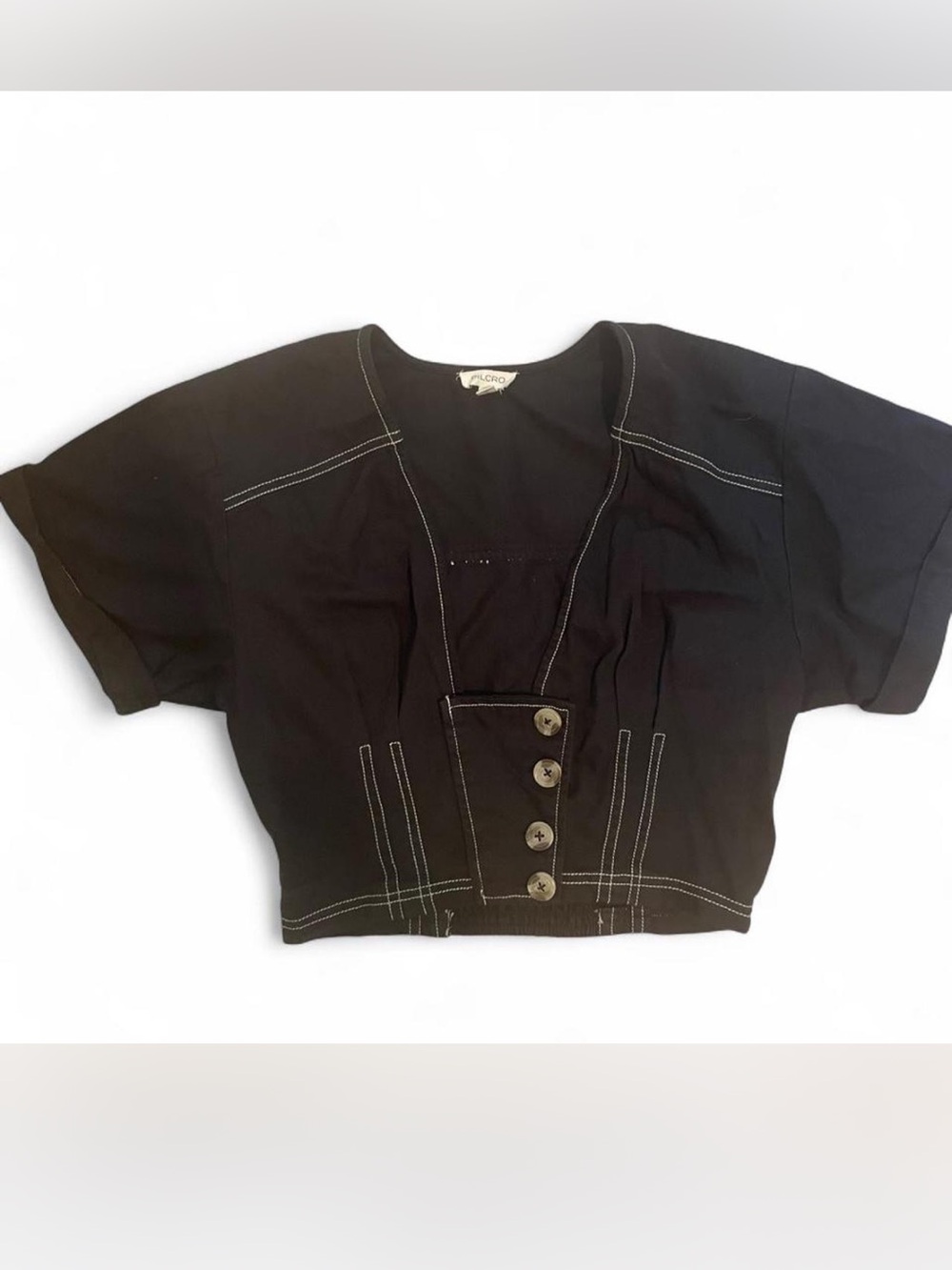 Anthropology Pilcro Black Cropped Button-Front Top with Contrast Stitching